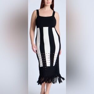 Womens black & ivory knit midi dress w/fringe on the bottom by Eloquii.